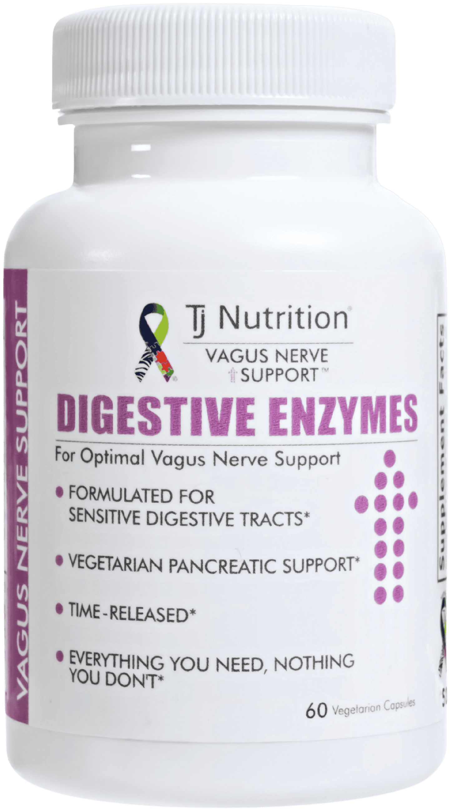 A bottle of Vagus Nerve Support Digestive Enzymes by TJ Nutrition, with label indicating it's formulated for sensitive digestive tracts and vegetarian pancreatic support.