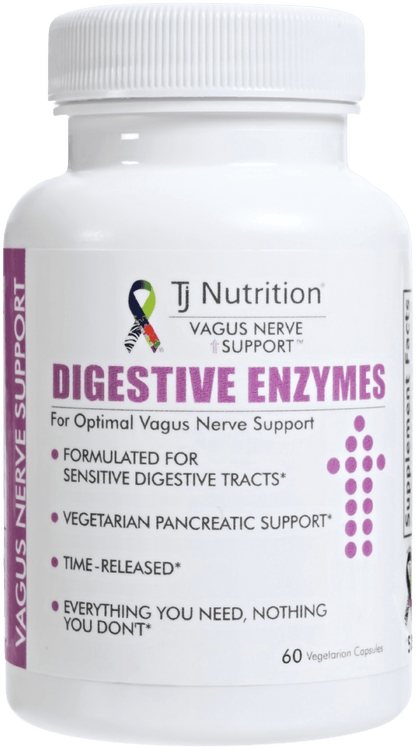A bottle of Vagus Nerve Support Digestive Enzymes by TJ Nutrition, with label indicating it's formulated for sensitive digestive tracts and vegetarian pancreatic support.