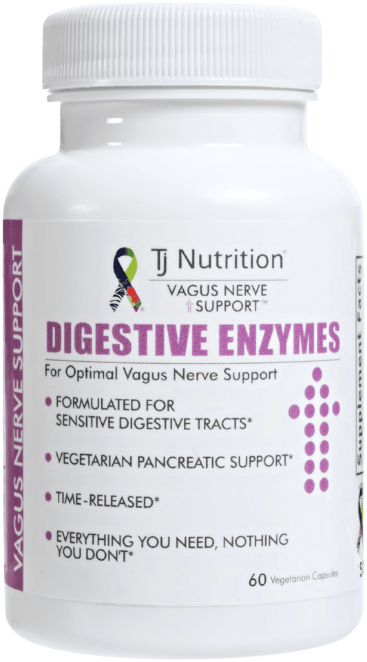 A bottle of Vagus Nerve Support Digestive Enzymes by TJ Nutrition, with label indicating it's formulated for sensitive digestive tracts and vegetarian pancreatic support.