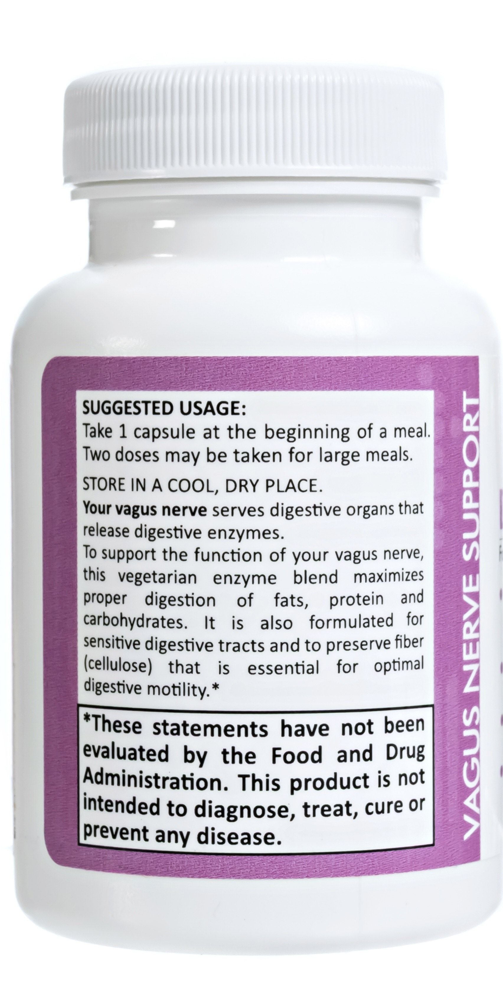 tj nutrition digestive enzymes supplement showing suggested usage of 1 capsule at the beginning of a meal and two capsules for larger meals