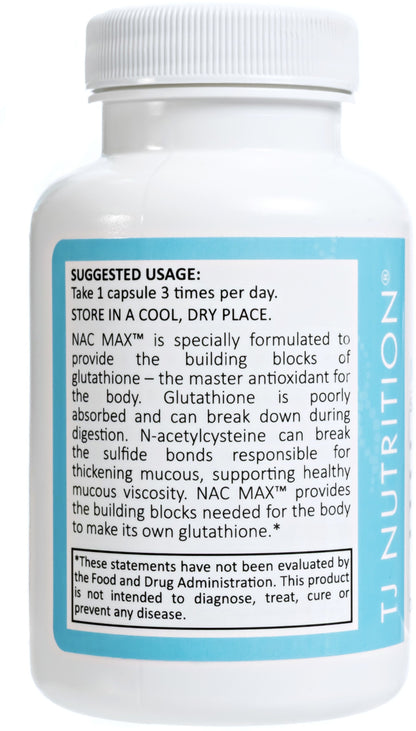tj nutrition nac max supplement bottle showing the suggested usage is to take 1 capsule 3 times per day