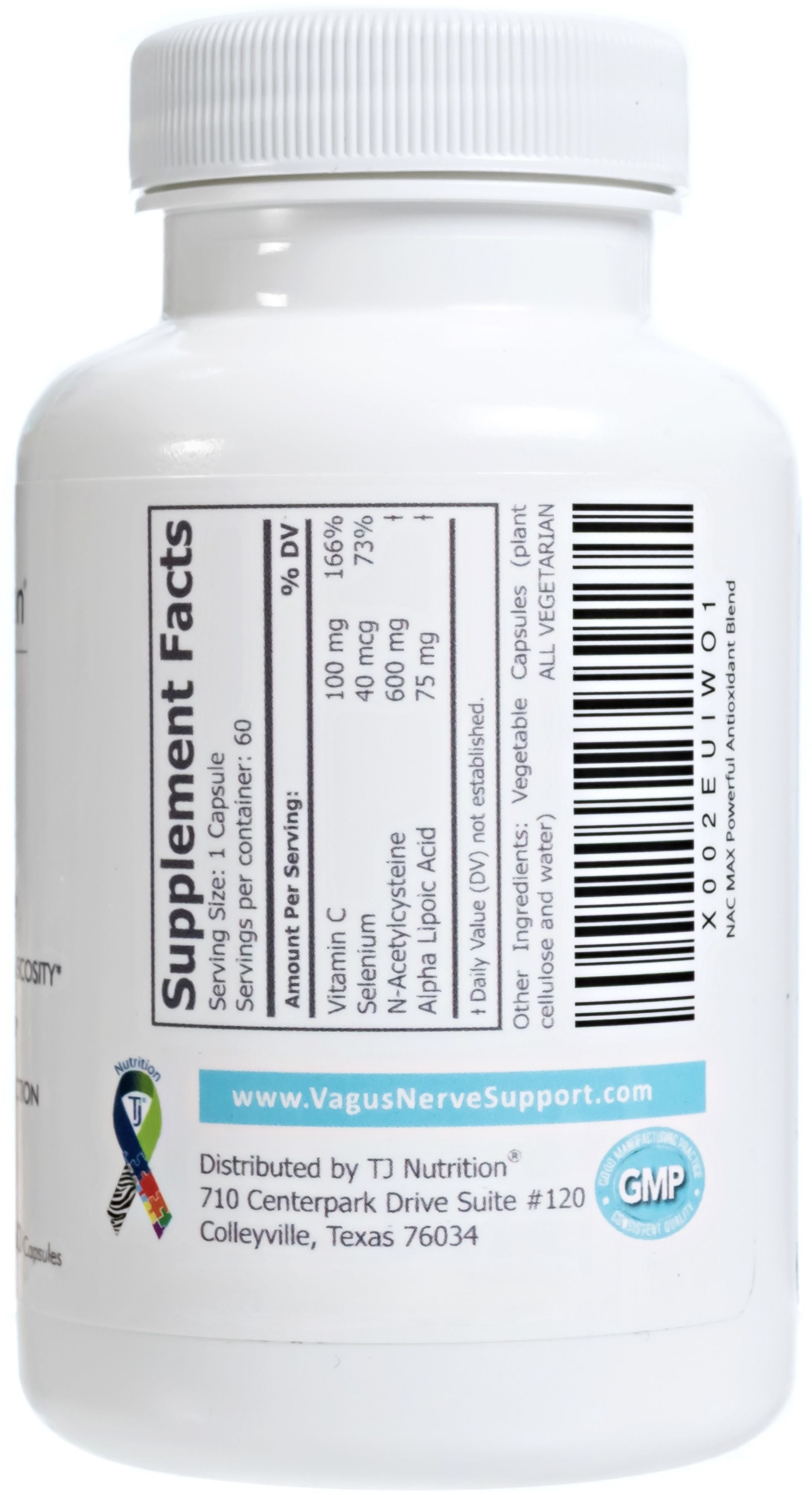 tj nutrition nac max bottle showing supplement facts with a serving size of 1 capsule