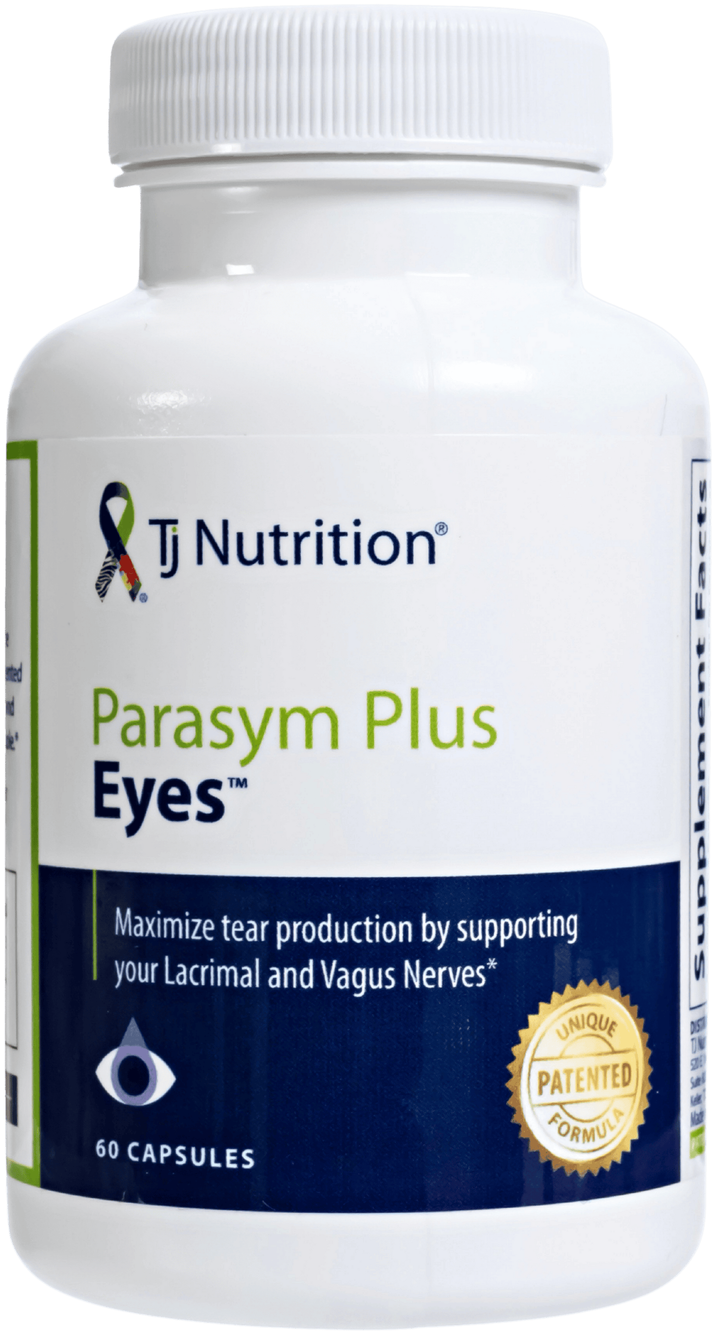 A bottle of Parasym Plus Eyes supplements by Tj Nutrition with 60 capsules, patented nerve support supplement to maximize tear production by supporting your lacrimal and vagus nerves.