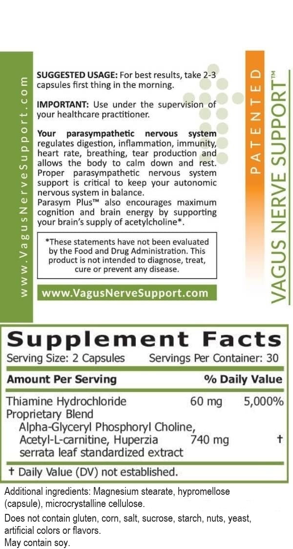 the suggested usage and supplement facts for parasym plus with a serving size of 2 capsules for best results