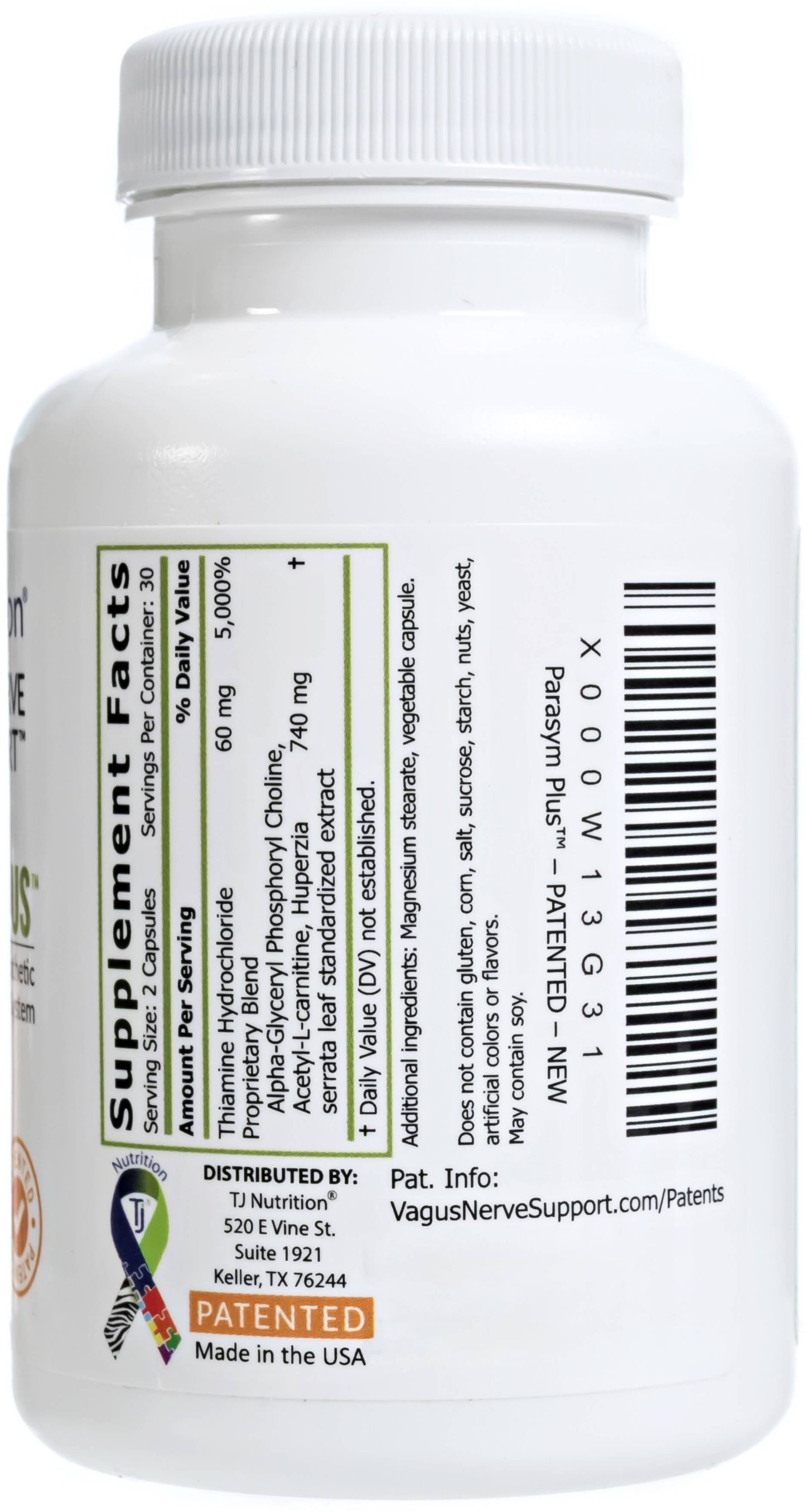 a bottle of parasym plus showing the supplement facts label for a serving size of two capsules