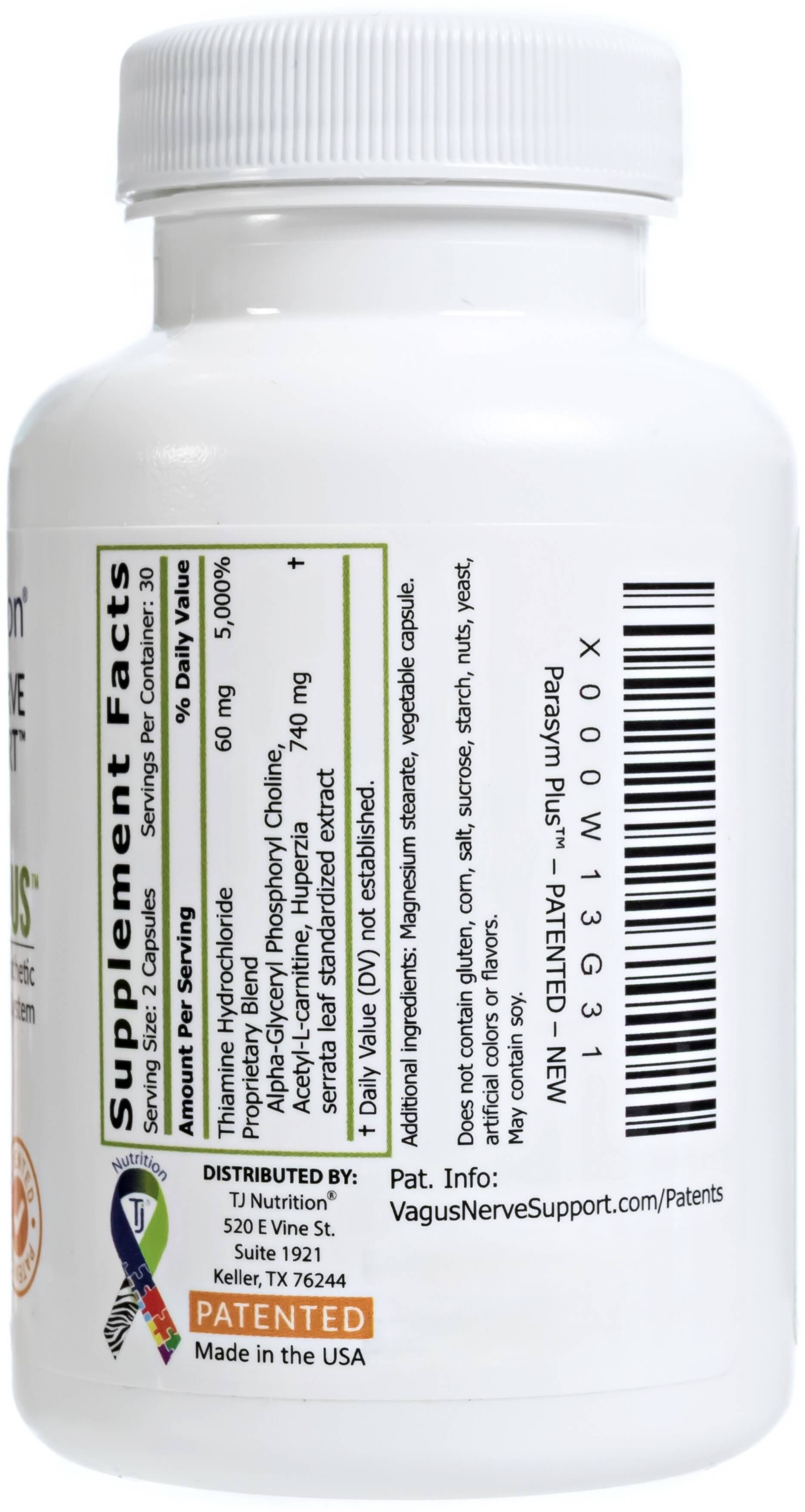 a bottle of parasym plus showing the supplement facts label for a serving size of two capsules