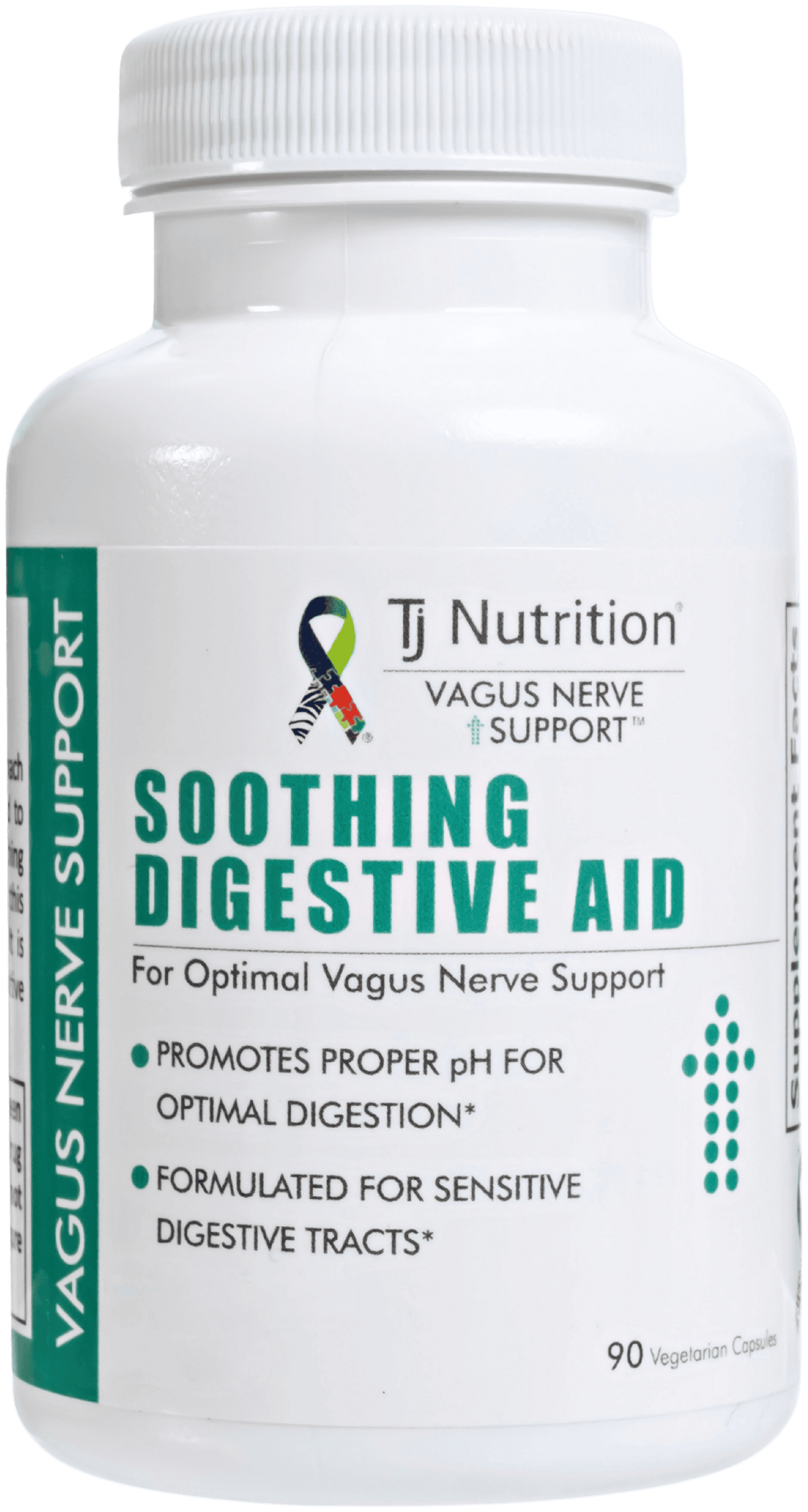 bottle of TJ Nutrition Vagus Nerve Support soothing digestive aid that is formulated for sensitive digestive tracts