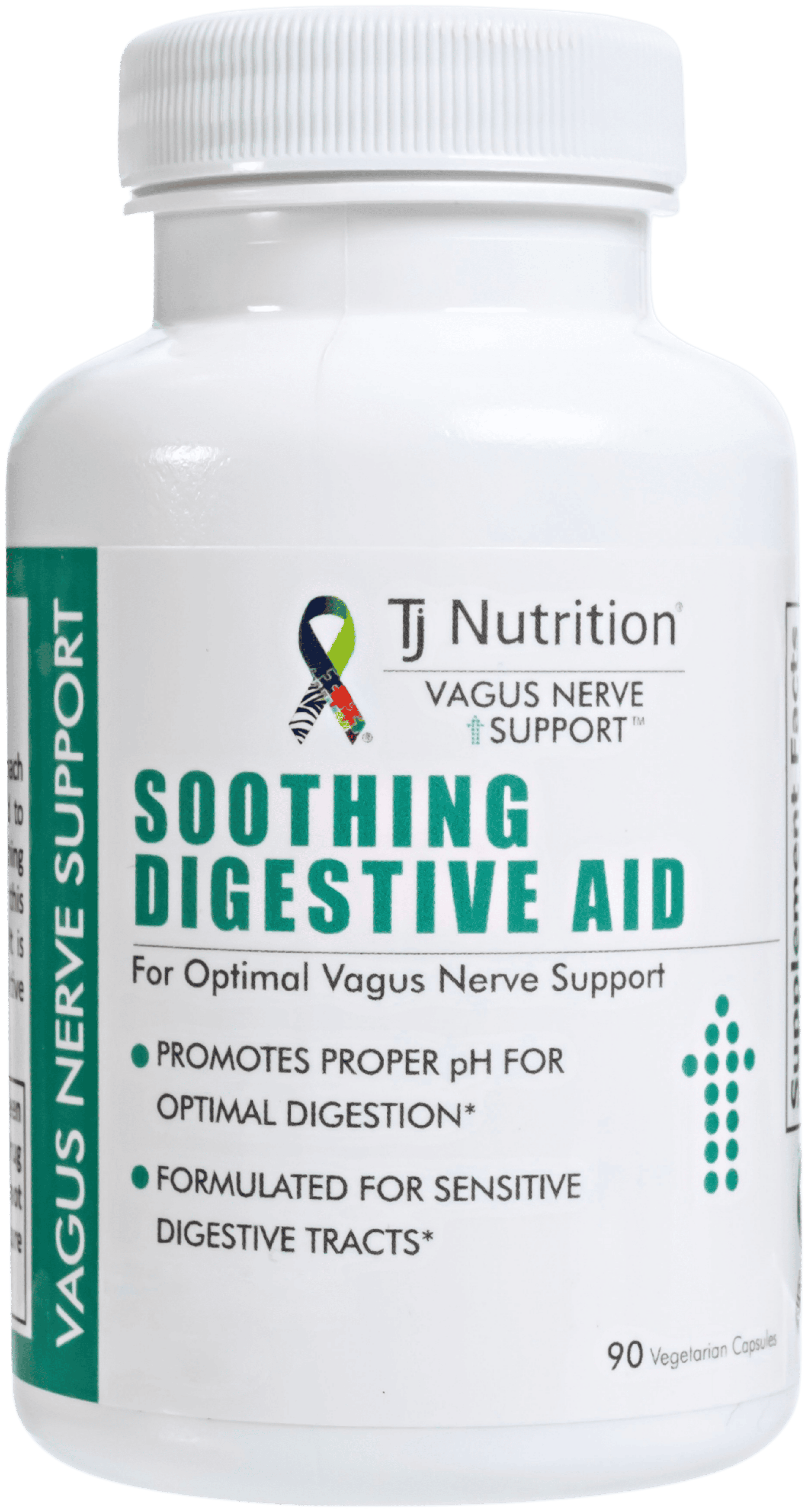 bottle of TJ Nutrition Vagus Nerve Support soothing digestive aid that is formulated for sensitive digestive tracts