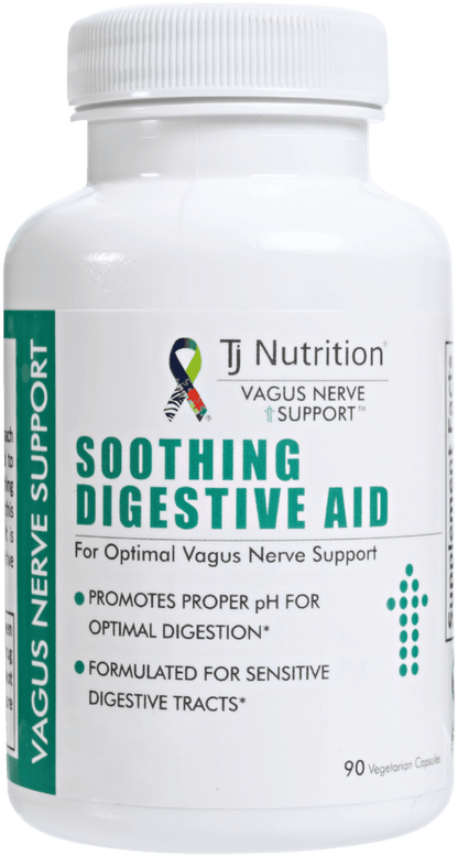 bottle of TJ Nutrition Vagus Nerve Support soothing digestive aid that is formulated for sensitive digestive tracts