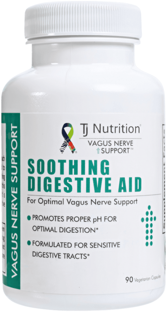 bottle of TJ Nutrition Vagus Nerve Support soothing digestive aid that is formulated for sensitive digestive tracts