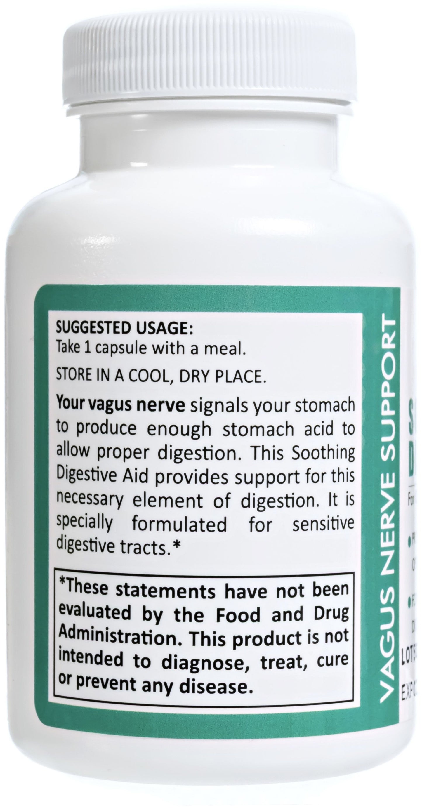 bottle of soothing digestive aid showing a suggested usage of 1 capsule with a meal