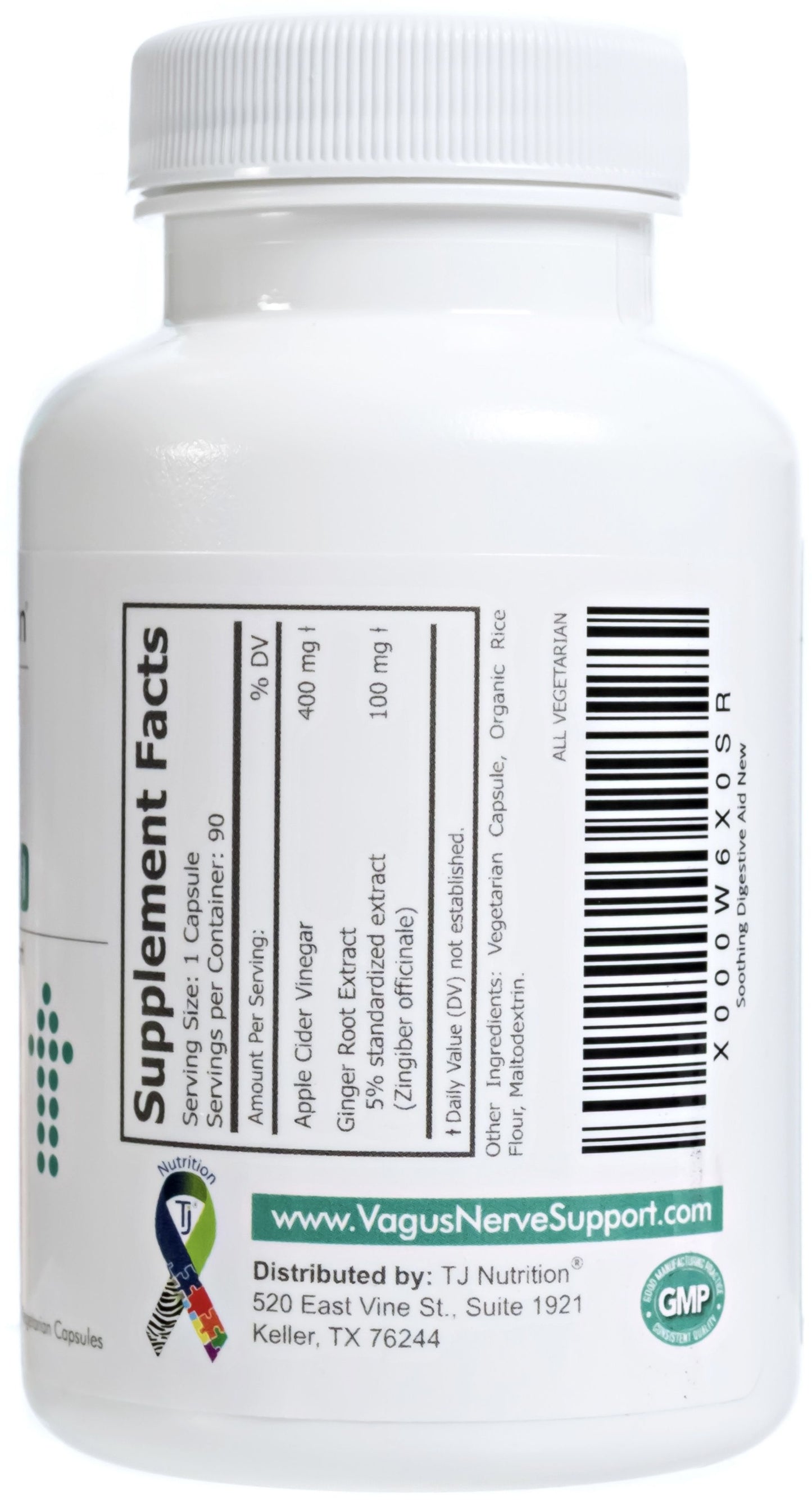 a bottle of tj nutrition soothing digestive aid showing the supplement facts