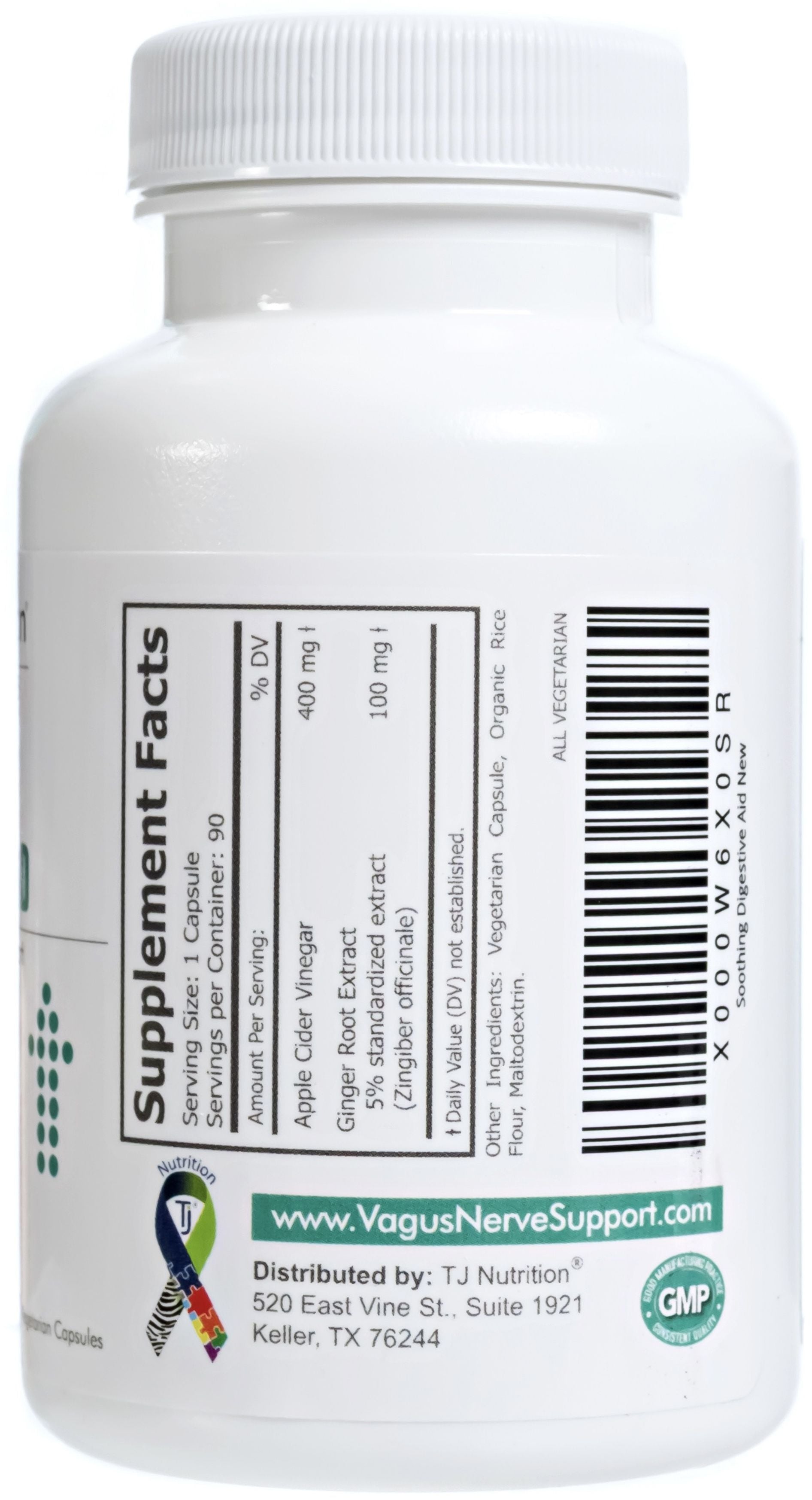 a bottle of tj nutrition soothing digestive aid showing the supplement facts