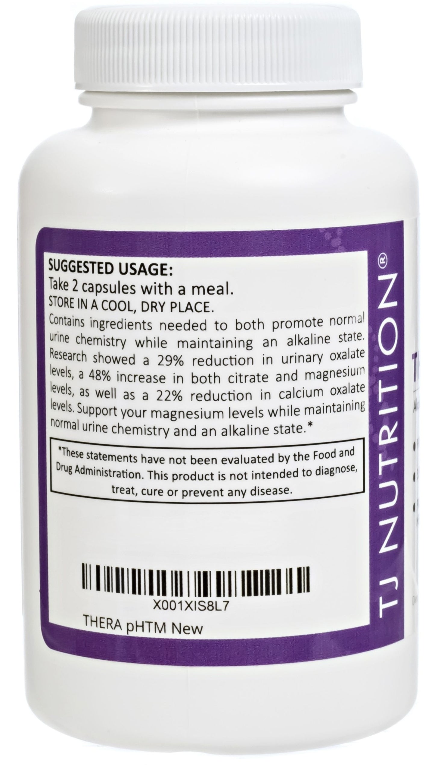 TJ Nutrition Thera pH supplement bottle showing suggested usage of 2 capsules with a meal