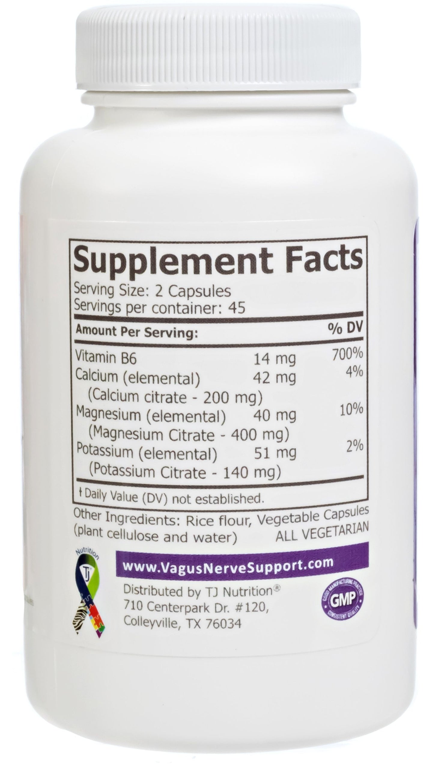 TJ Nutrition supplement bottle showing supplement facts for a serving of 2 capsules