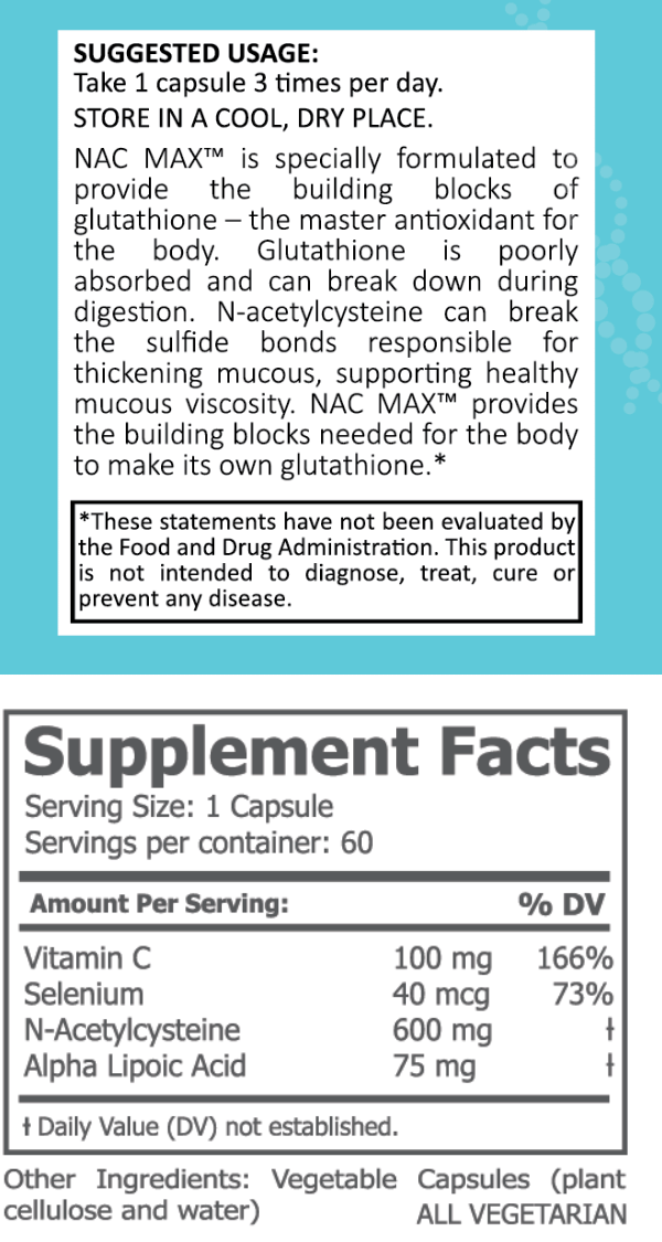 supplement facts for nac max with a suggested usage of 1 capsule 3 times a day