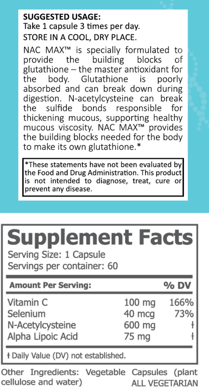 supplement facts for nac max with a suggested usage of 1 capsule 3 times a day