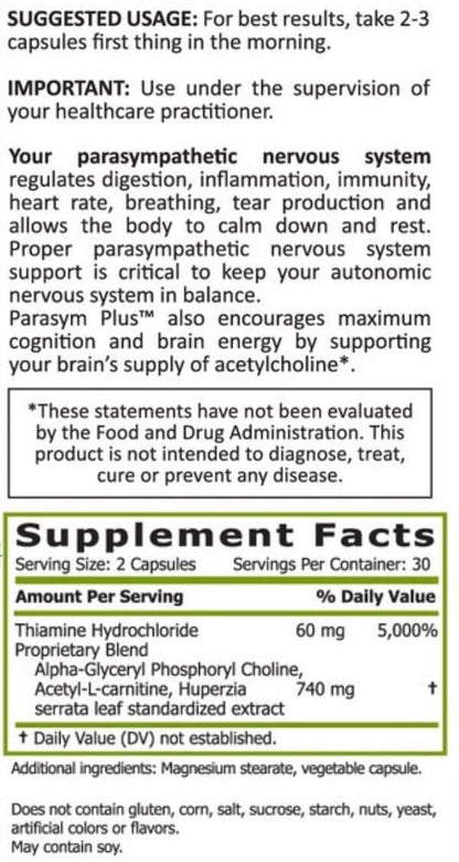 suggested usage and supplement facts for parasym plus
