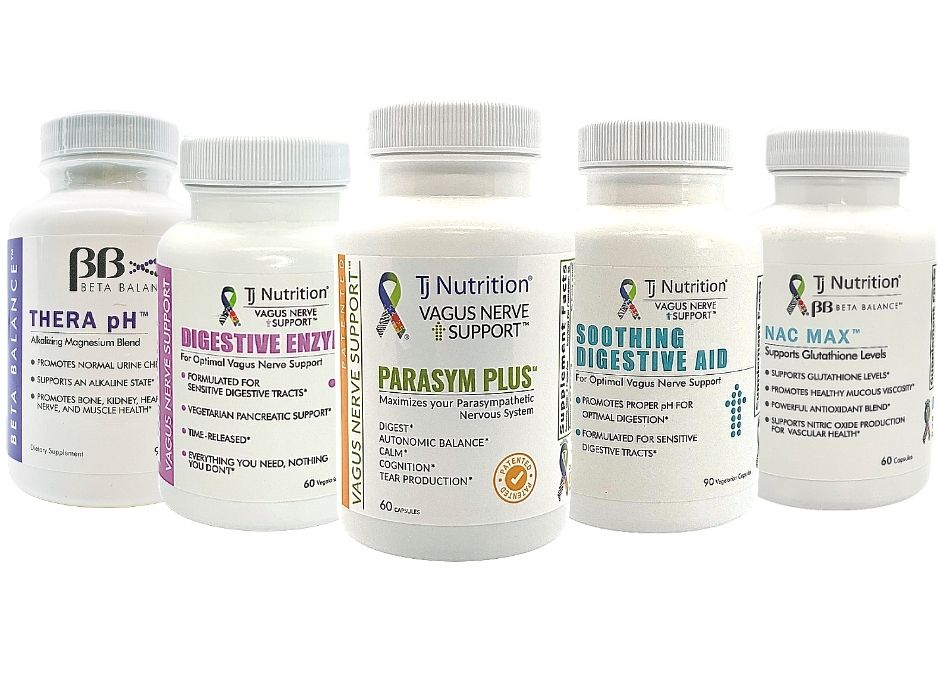 five different bottles of tj nutrition vagus nerve support products to stimulate your vagus nerve and maximize the parasympathetic nervous system