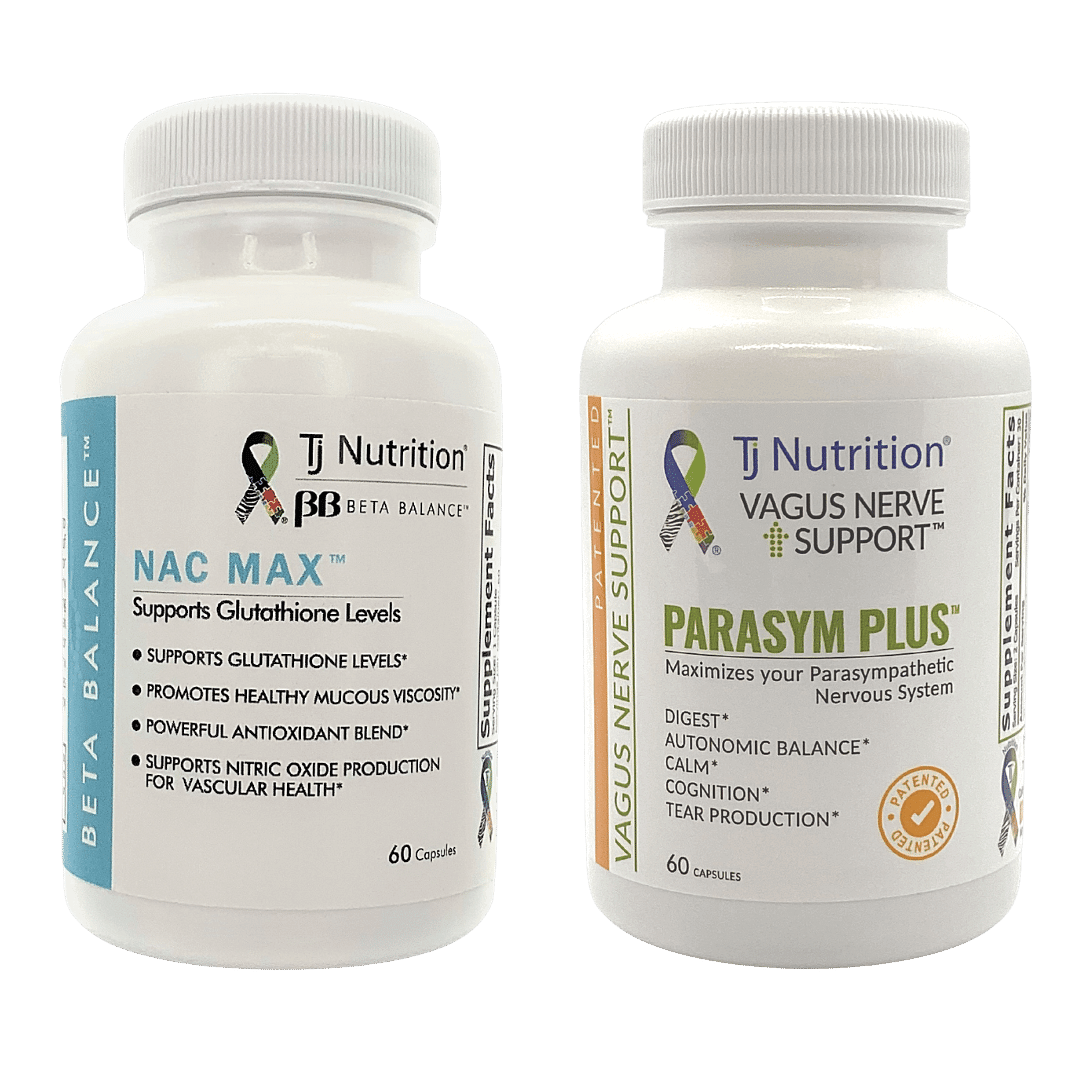 a bottle of tj nutrition vagus nerve support parasym plus with a bottle of nac max to stimulate your vagus nerve while supporting glutathione levels 