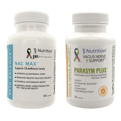 a bottle of tj nutrition vagus nerve support parasym plus with a bottle of nac max to stimulate your vagus nerve while supporting glutathione levels 