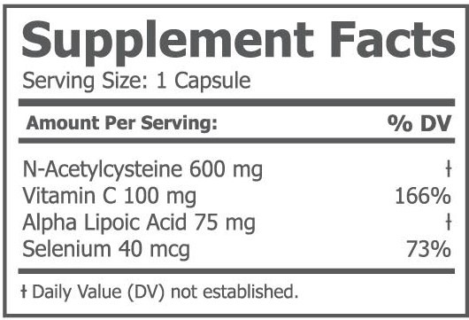 NAC MAX ™ n-acetylcysteine antioxidant supplement ingredient label